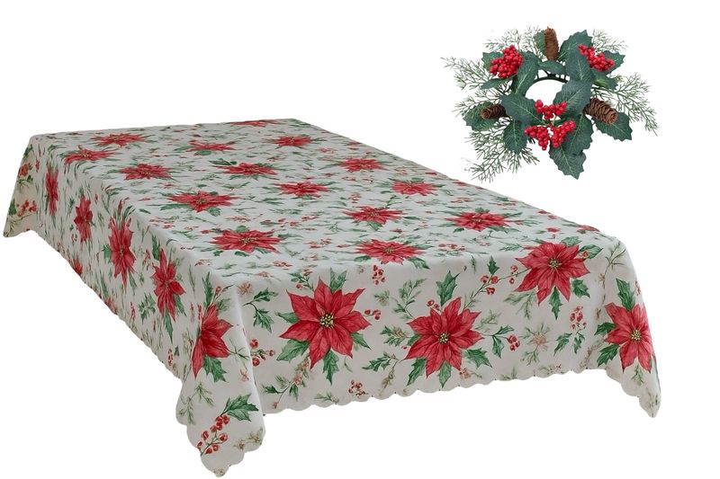 Classic Poinsettia Tablecloth (240×150cm) + Wreath ( 35cm)