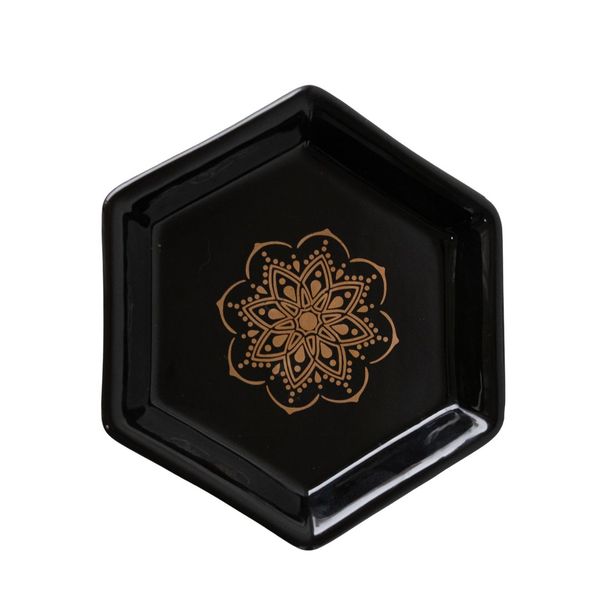 Nordic Scandinavian Hexagonal Mandala Ceramic Jewellery Trinket Dish- Black