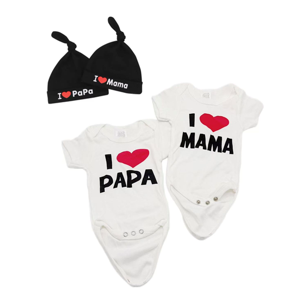 4-in-1 Newborn Baby l Love Mama, I Love PaPa Clothes and Hats Set - 0-3m