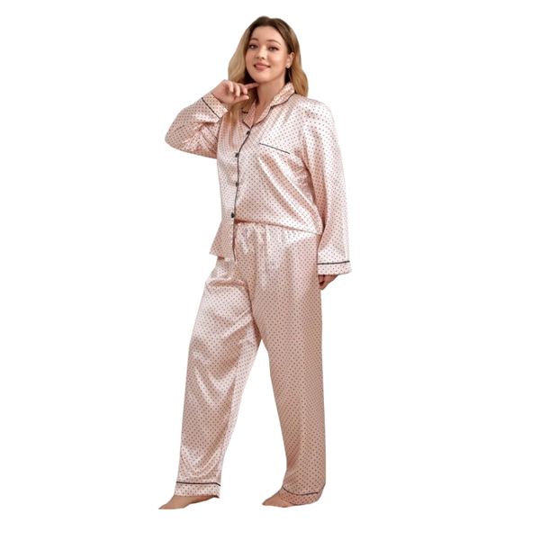 Sinful Indulgence Plus Polka Contrast Piping Patched Pocket Satin PJ Set