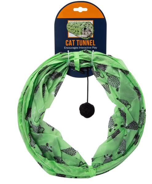 Cat Tunnel with Teaser Toy - 75cm x 28cm Collapsible Tube (Green / Blue)