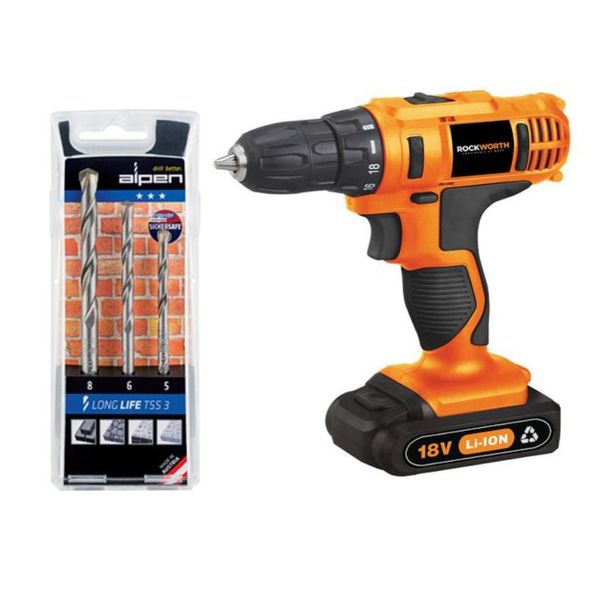 Rockworth - Cordless Drill Combo with Alpen Masonry Drill Bit Set 3 Piece