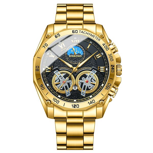 Binbond Men's Quartz Watch Hollow Moon Phase Chronograph Wrist Watch Gold