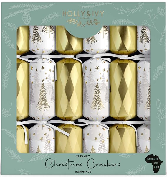 Holly &amp; Ivy Christmas Crackers - Festive Gold Trees
