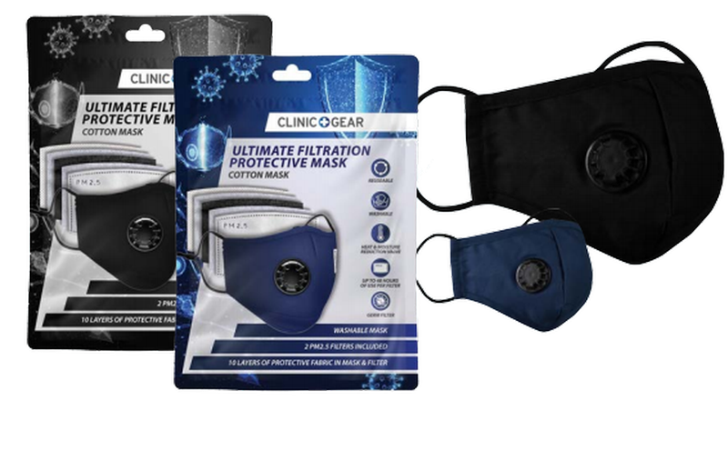 Adult Respiratory Mask Pack of 2 - Black &amp; Blue (With 4 Pieces PM filters)