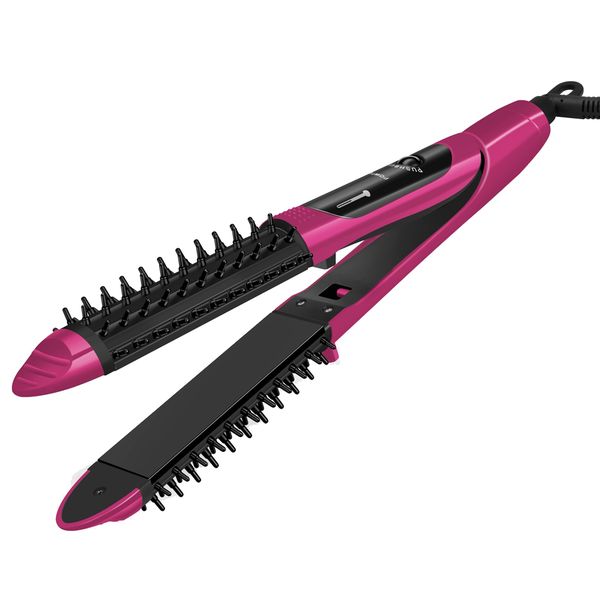 2 in 1 Hair Curler Brush Electric Straightening Iron-Red