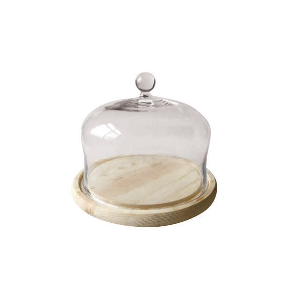 Glass Cake Stand Bell with Wooden Base 23cm x 31cm