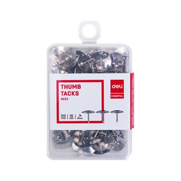 Deli Essential 100 Silver Thumb Tacks - 0022