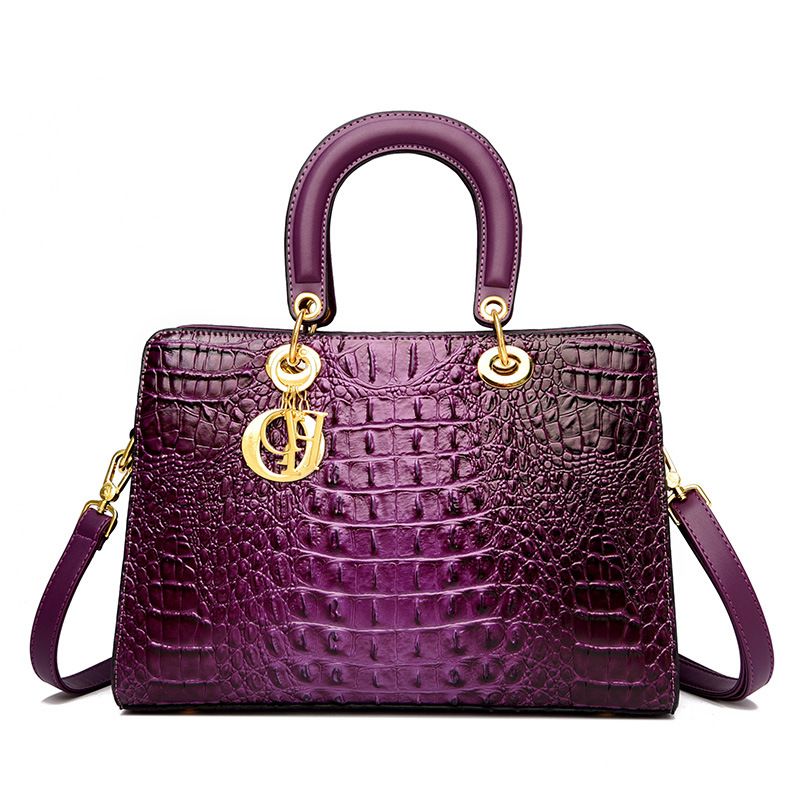 Luxurious Designer Crocodile Pattern Leather Handbag - Purple