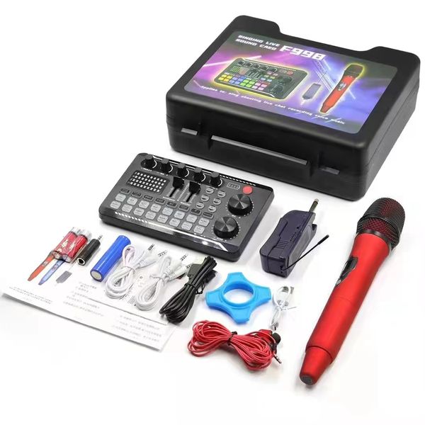 Live Equipment Set, Microphone with F998 Live Sound Card Mixer - Red
