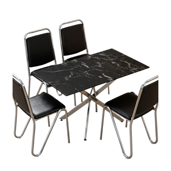 Modern 5-Piece Black Marble-Effect Dining Table and 4 Chair Set