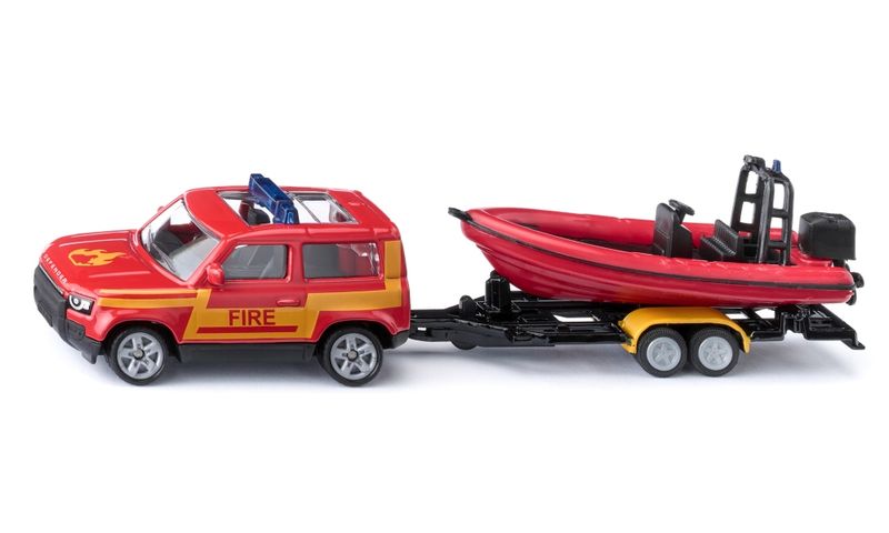 Siku Land Rover Defender Fire Brigade with Boat - 17cm Long