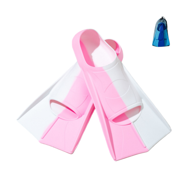 Kids Swim Training Fins - Comfortable Silicone Short Fins - Pink/White