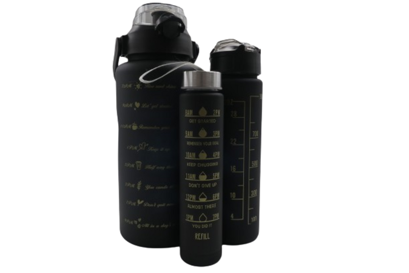 3 Piece Water Bottles | 2L, 1L, 0.5L | Black and Gold | Motivational