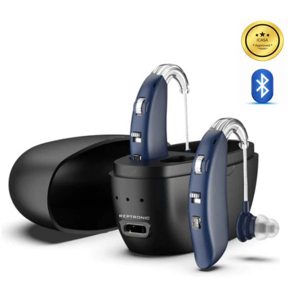 Reptronic Bluetooth Hearing Amplifiers with Charging case-BTE-Blue &amp; Black