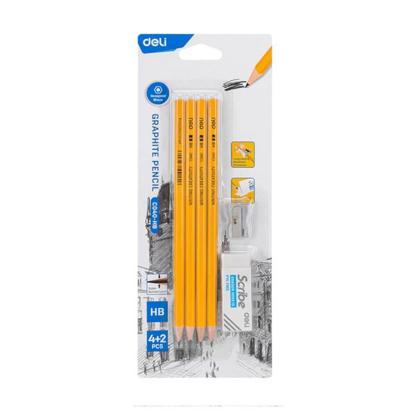 Deli Graphite Pencil HB Set, 4 HB Pencils, 1 Eraser &amp; 1 Metal Sharpener