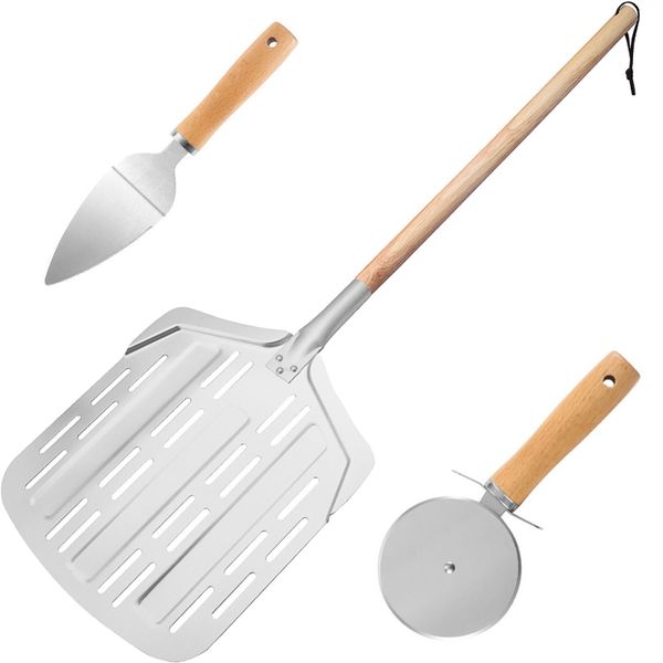 3pcs Pizza Peel Set Pizza Paddle with Pizza Cutter Wheel &amp; Pizza Spatula