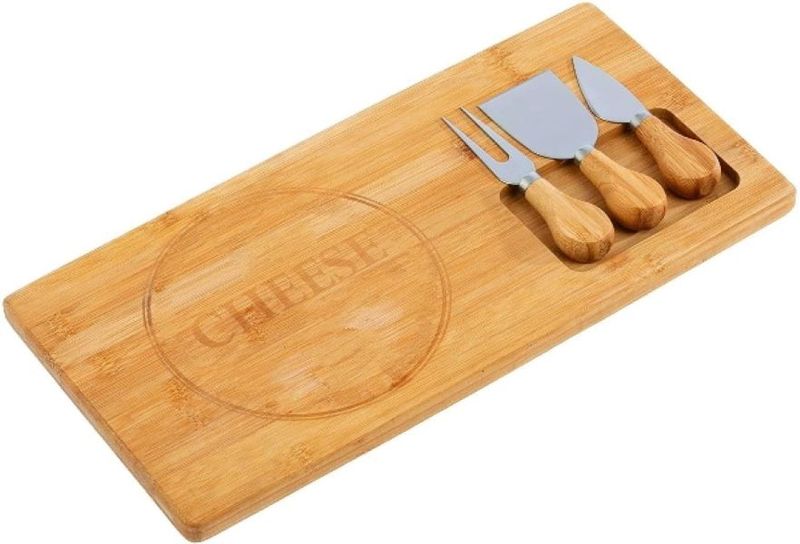 Bamboo Chopping Board Wooden Serving Platter with 3 Cheese Cutter Set