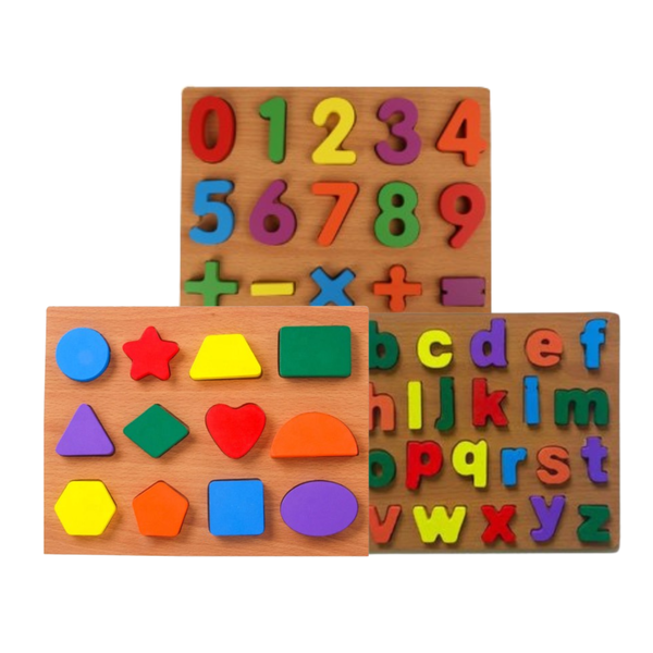 3 Learning Peg Puzzles Toddlers Alphabets , Numbers ,Shapes, Montessori