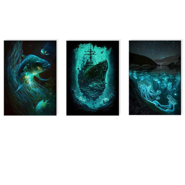 Canvas-Art-3 Pieces Dark Green and Blue Parites Ship Wall Art