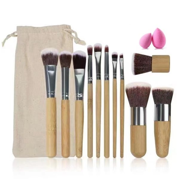 13Piece Bamboo Handle Synthetic Make Up Brush Set 2 Mini Foundation Sponges