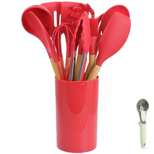 12 Purple Bamboo Wooden Handles Silicone Kitchen Utensils &amp;Ice Cream Scoop
