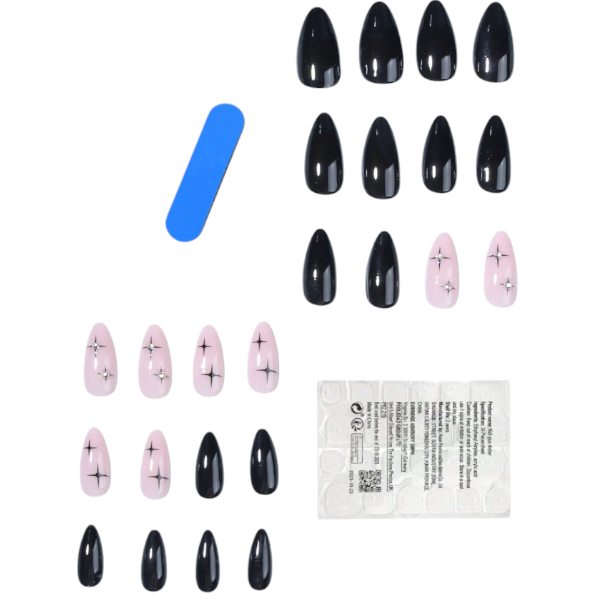 24Pcs Pink Star Accent Press-On Nails Set - Black