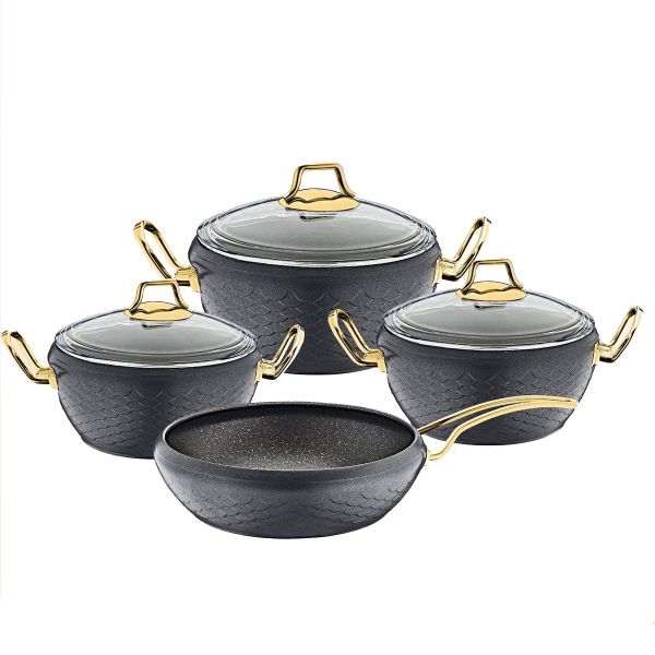 OMS Non-Stick Granite Cookware Set - Black &amp; Gold - 7-Piece