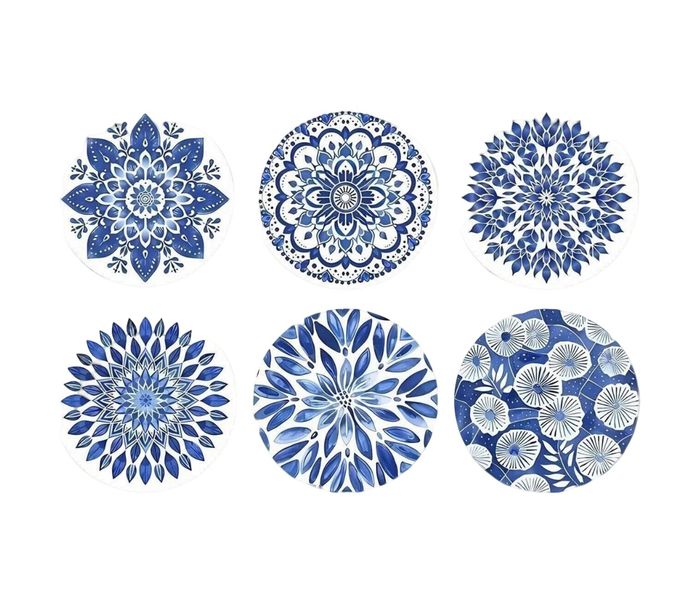 6 Piece Blue &amp; White Porcelain Mandala Wooden Coaster Set