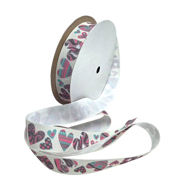 Hearts Printed Cotton Ribbon 25mm x 20m Roll for Gifts &amp; Crafts