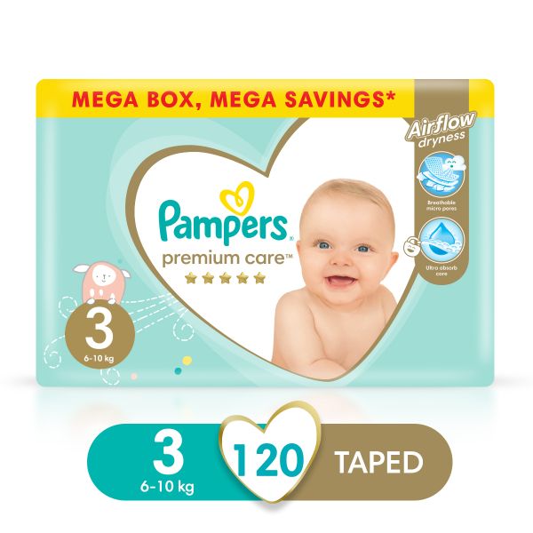 Pampers Premium Care Size 3 (6-10 kg) 120 Nappies, Airflow Skin Comfort