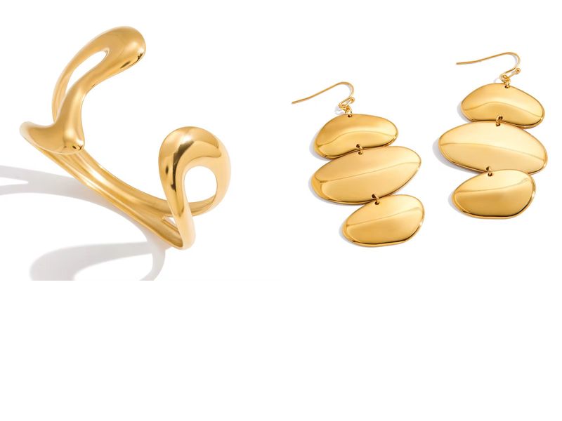 18ct Gold-plated Stainless Steel Cuff Bangle and Earrings Set