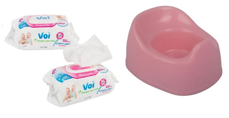 Baby Potty Plastic Pink &amp; 2x Voi Wet Wipes 120 Piece 16x19cm