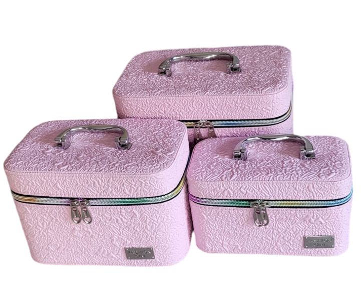 Travel Professional Makeup Cosmetic Vanity Case w/ Mirror 3 Pieces Pink