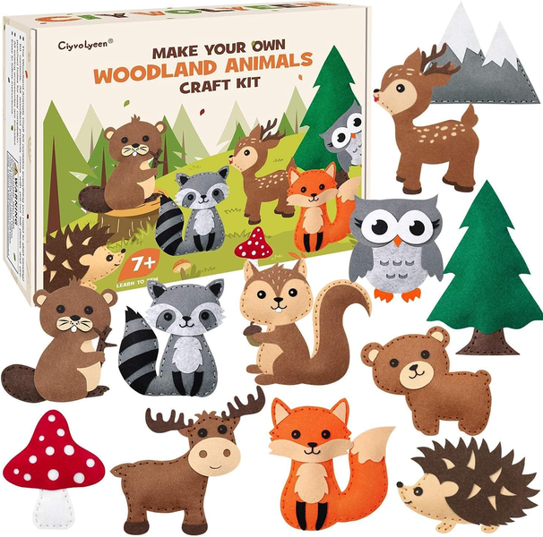 12Pack Woodland Animals Felt Plushie Sewing Kit, Kids Educational Craft Set