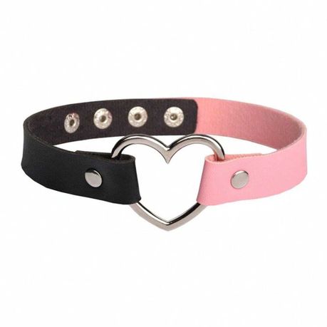 Heart Shaped Adjustable and Comfortable Leather Choker - Pink and Black Image