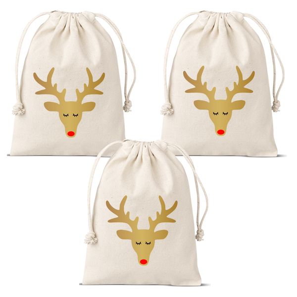 Cute Christmas reindeer drawstring bags - set of 3