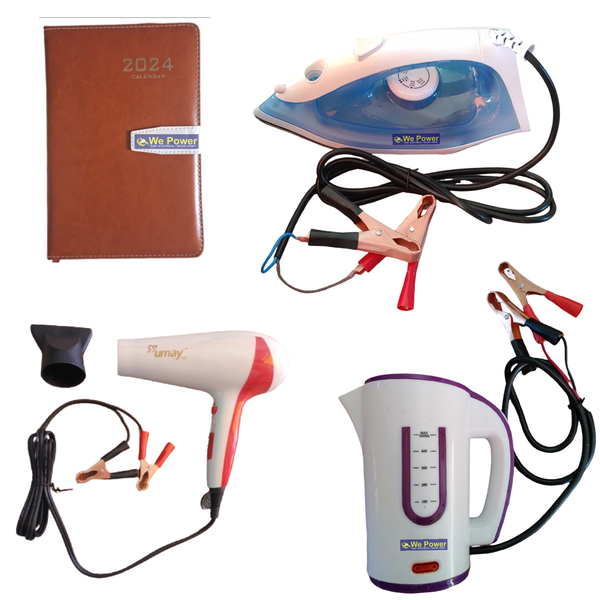Kettle, Dry Iron &amp; Hair dryer All DC Powered With Free Diary