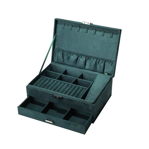 Emerald Green Velvet Large Capacity Jewelry Storage Box with Drawer