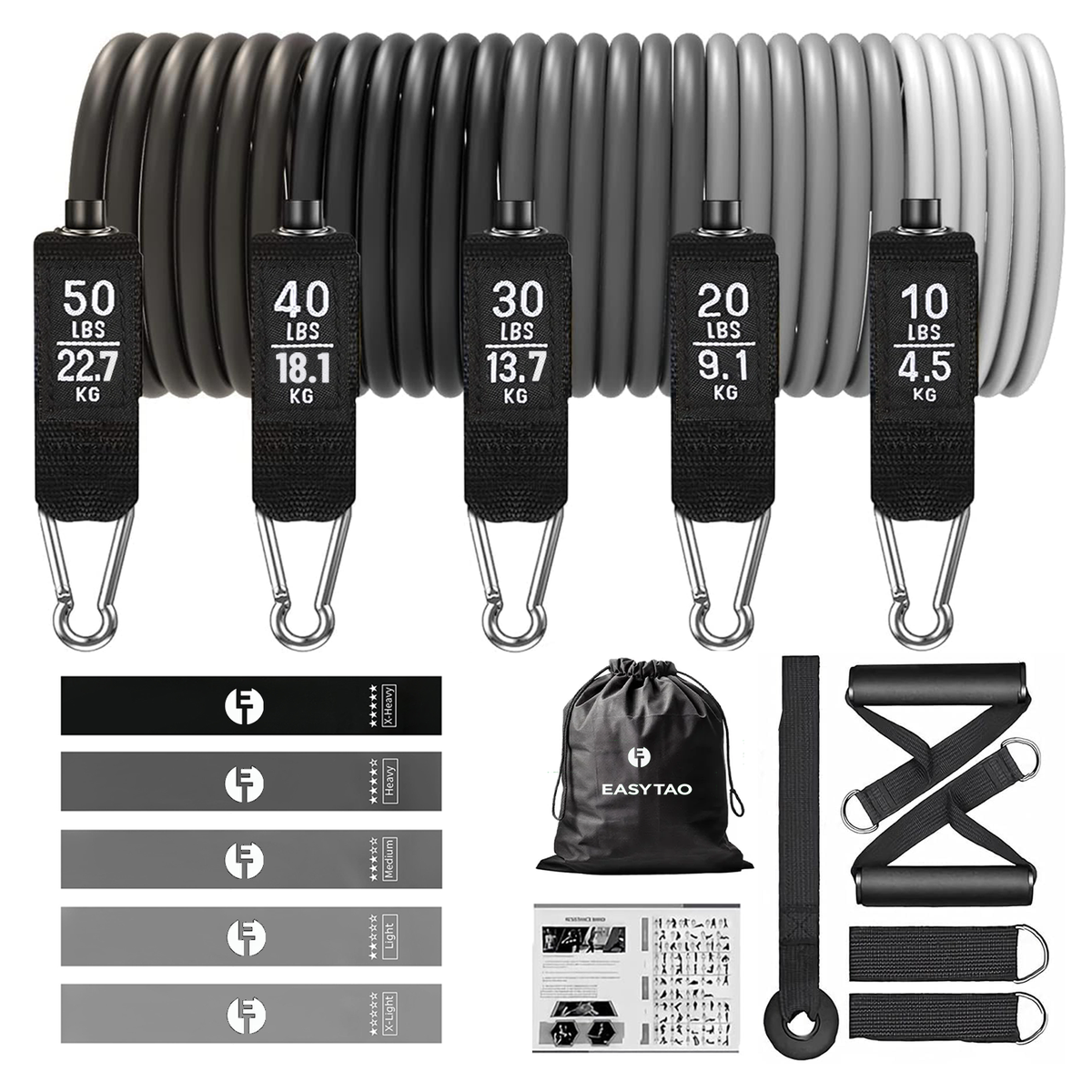 ET Easytao 150LB Exercise Resistance Bands TPE Yoga Strap with Handles Gray