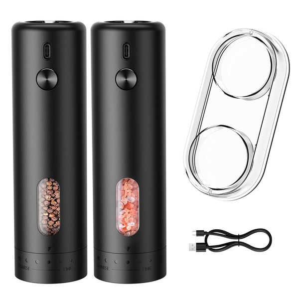 Electric Salt Pepper Grinder Set with Base, Automatic Pepper Mills, 2 Packs