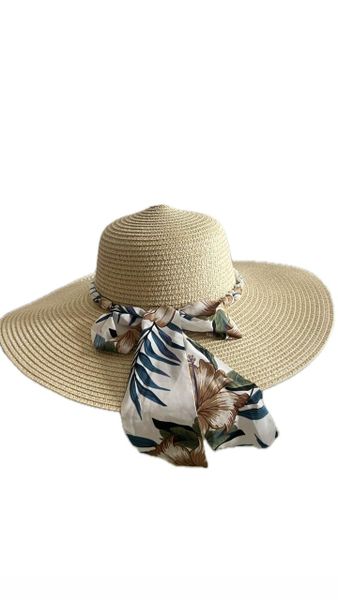 Ladies' Tropical Elegance Wide-Brim Hat with Floral Scarf Detail