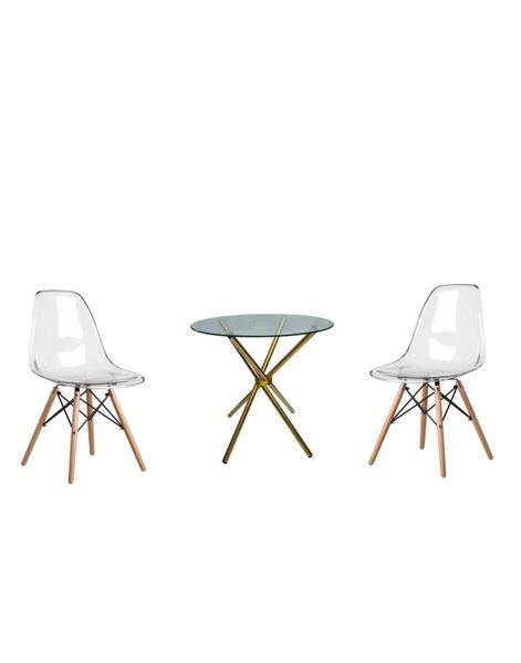 3 Piece Glass Table Gold Legs and Clear Wooden Leg Chairs