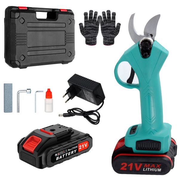 Green 21V Cordless Electric Pruning Shears with Gloves, 2 Batteries &amp; Case