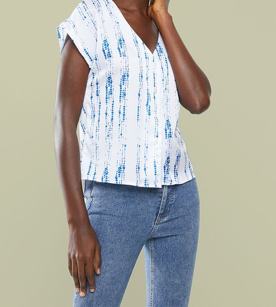 Women's Superbalist Flute Sleeve Button Down Blouse - Blue Tie Dye