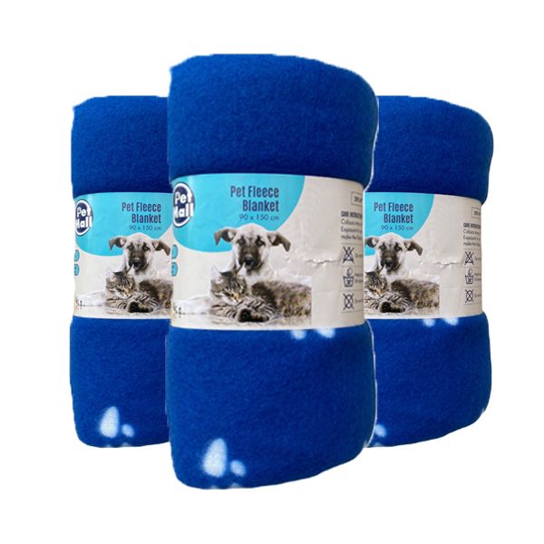Pet Mall Pet Fleece Blanket Blue Paw Print (76 x 100cm) - 3 Pack