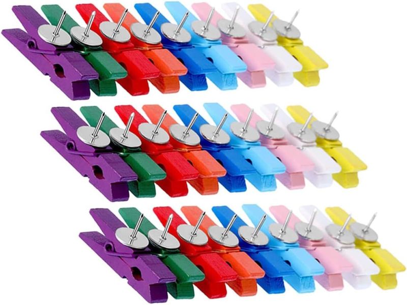 50 Pieces Colorful Wooden Push Pins with Mini Clothespin Clips for Cork