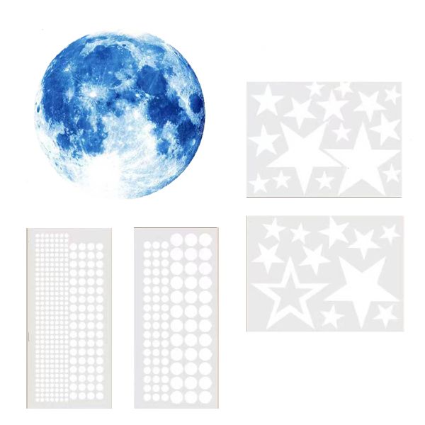 Glow-in-the-Dark Blue Moon &amp; Star Wall Stickers-Fluorescent Space Decor