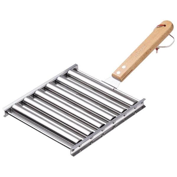Mix Box Stainless Steel Hot Dog Sausage Roller Grill with 22cmWooden Handle