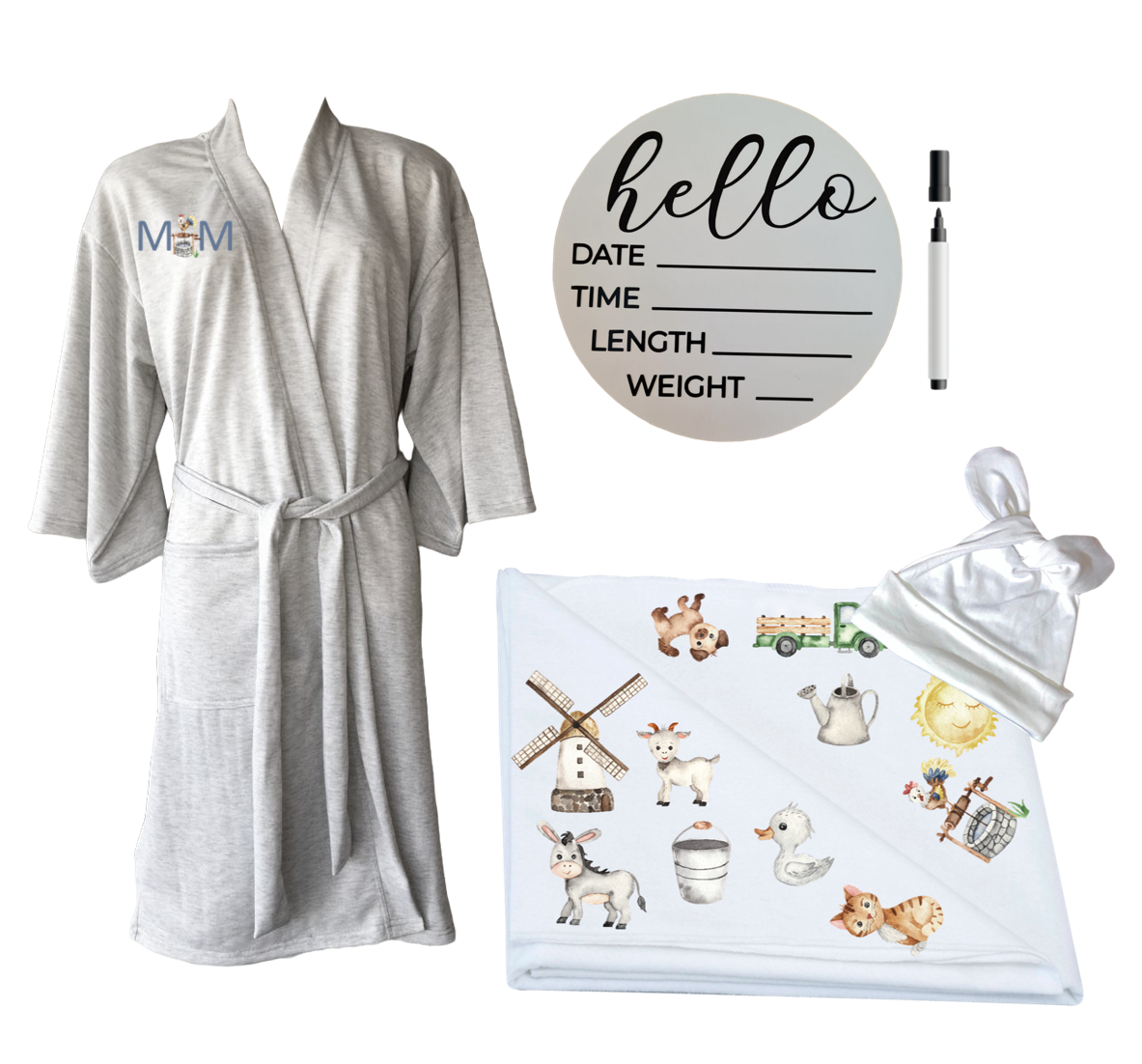 Mom & Me Set Printed Gown, Swaddle & Milestone Board Farming Buy